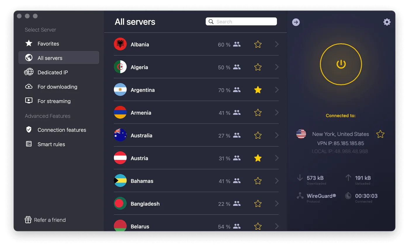 CyberGhost macOS app with the server picker open