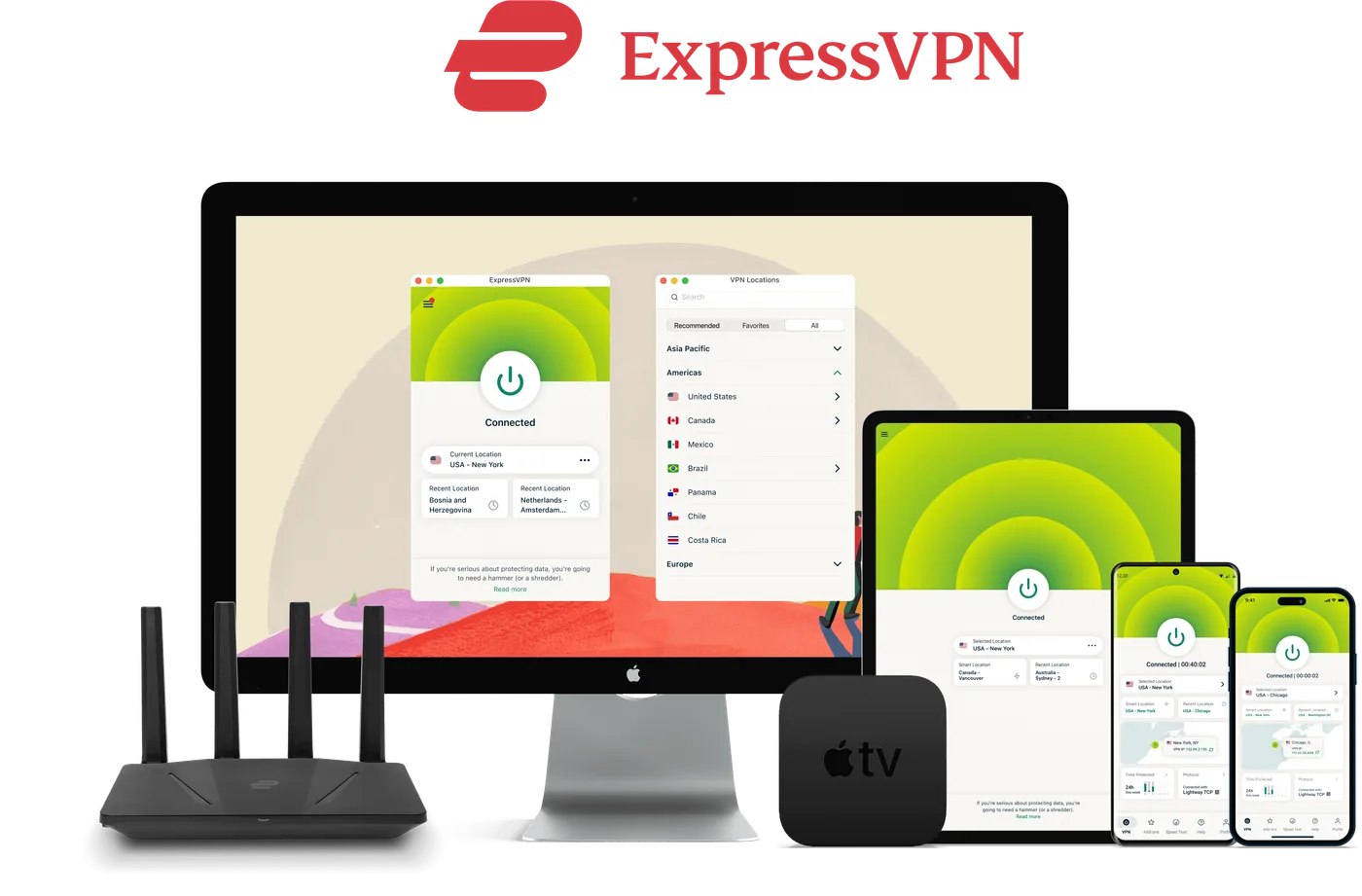 ExpressVPN apps running on Mac, iPad, phones, and Apple TV