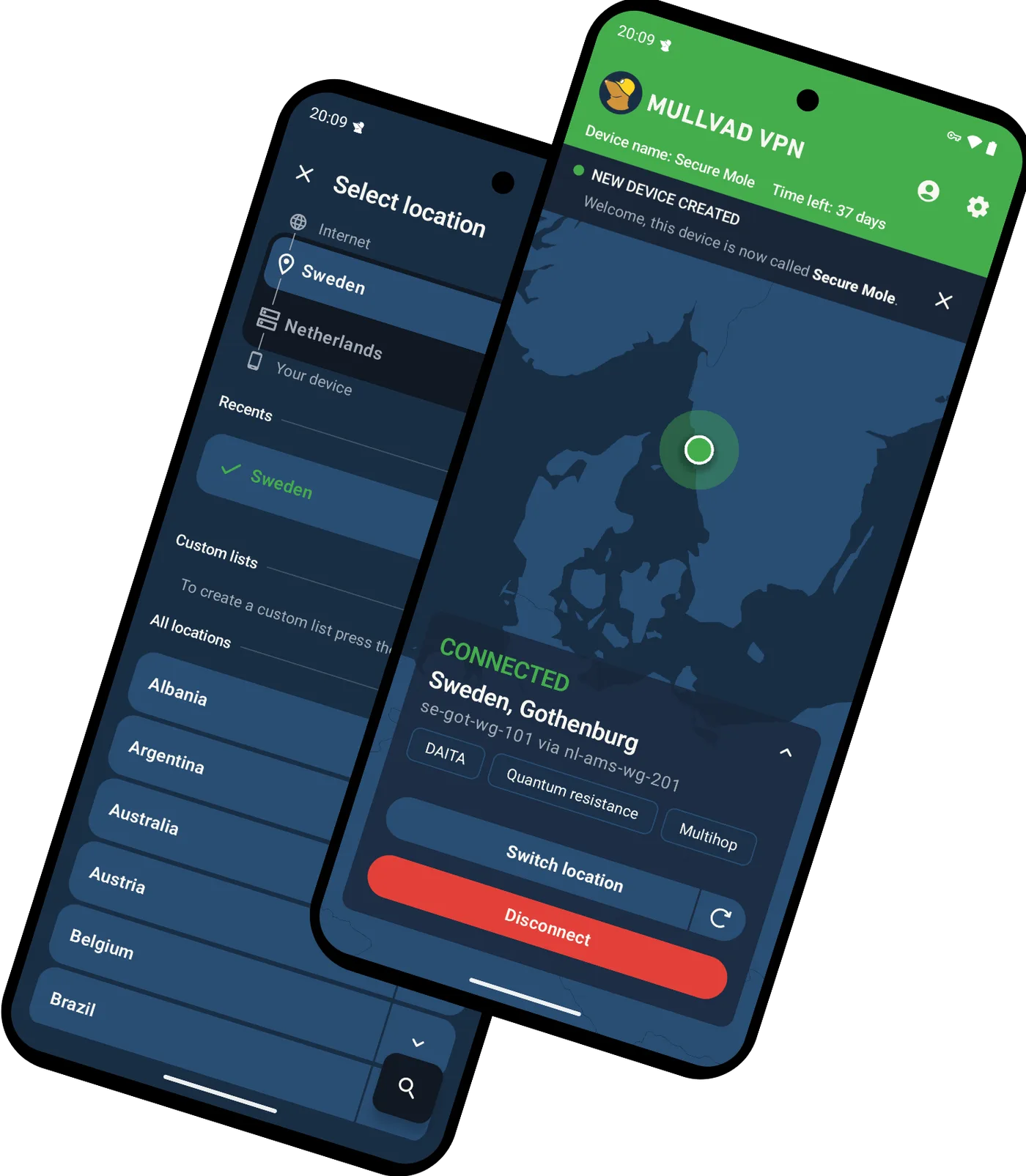 Mullvad Android app connection screens