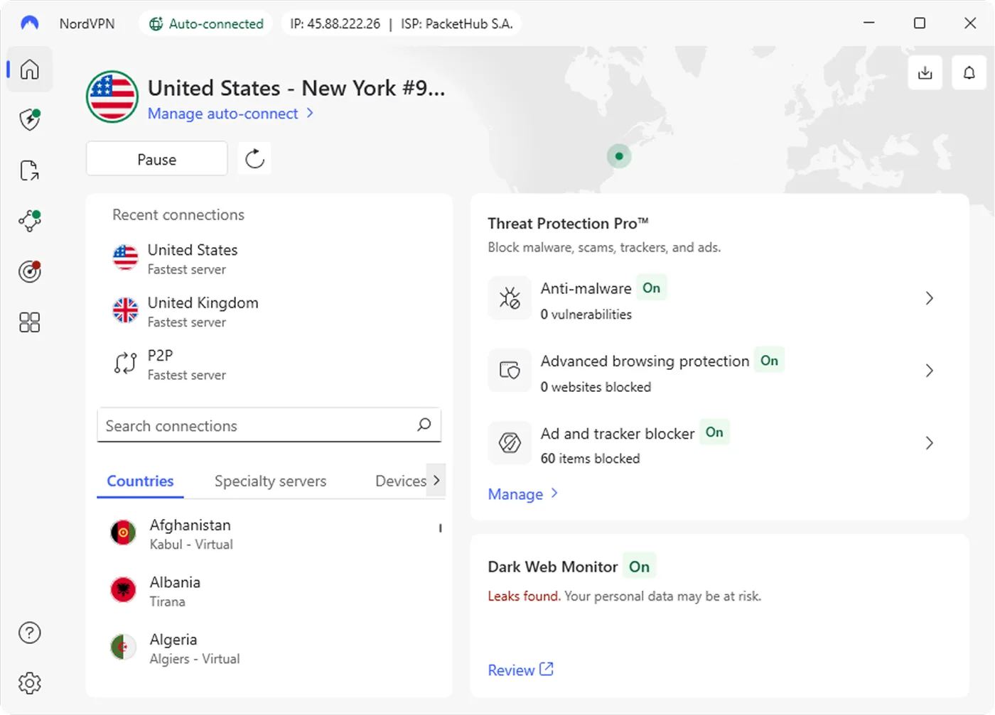 NordVPN Windows app showing the server map and quick-connect panel