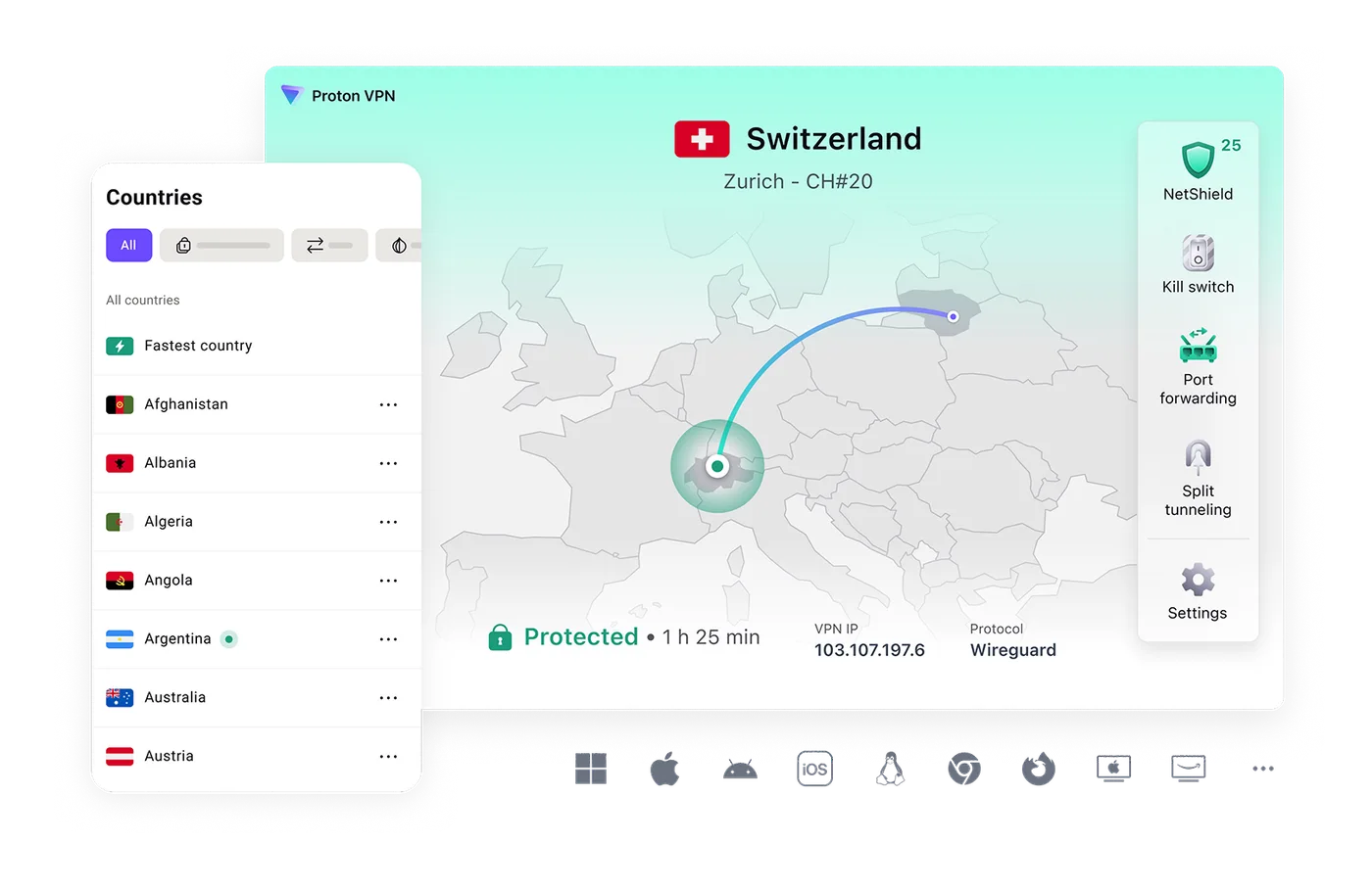 Proton VPN desktop app showing the connection map
