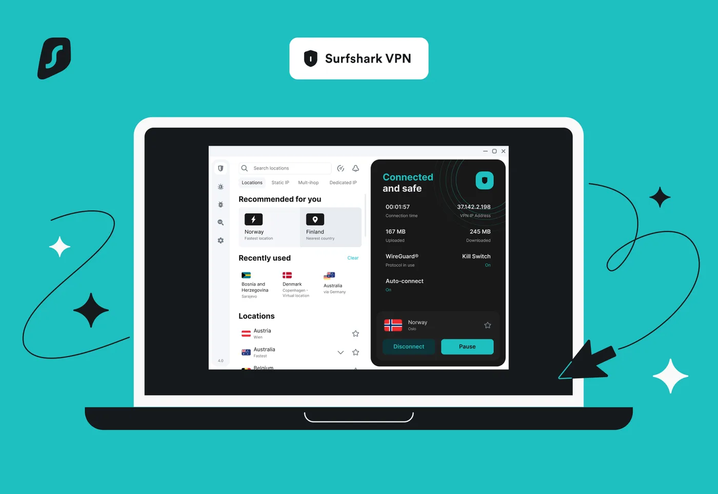 Surfshark Windows app with the server list open
